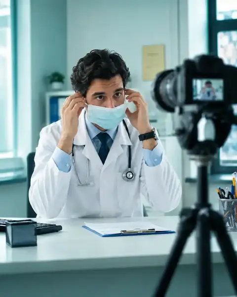 Médico ajustando a máscara diante de uma câmera no consultório