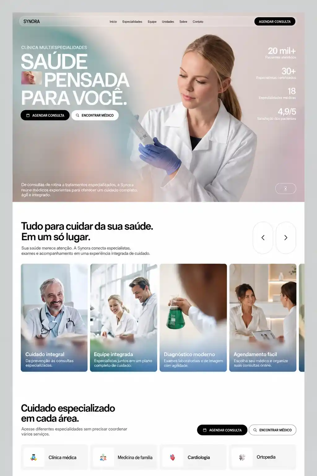 Exemplo SYNORA em português: saúde pensada para você, cuidado integral, equipe integrada, diagnóstico moderno e agendamento fácil.